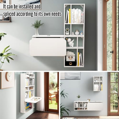 Floating Desk with Storage Shelves, 81'' Wall Mounted Desk Laptop Writing Study Table, Folding Drop Leaf Table, Multifunctional Computer Workstation for Narrow Small Space