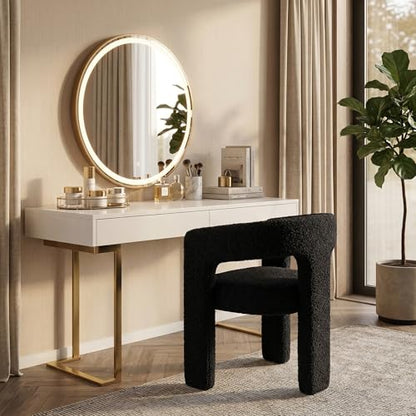 HNY Modern Sherpa Barrel Single Dining Chair, Black | Upholstered Accent Armchair With 18.21" Wide Seat No Assembly Required For Living Room Bedroom Vanity Small Spaces - color: Black Sherpa