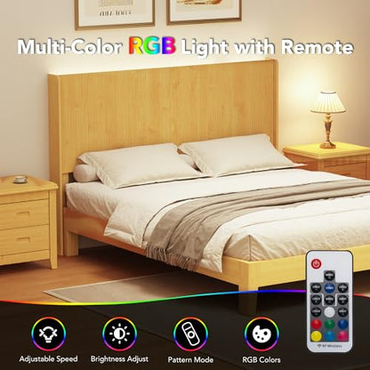 King Size Headboard Only with Outlets, 79.92" W Fluted Headboard, Mid Century Modern Boho Head Board with Storage&LED Lights, Natural - color: Natural, size: King