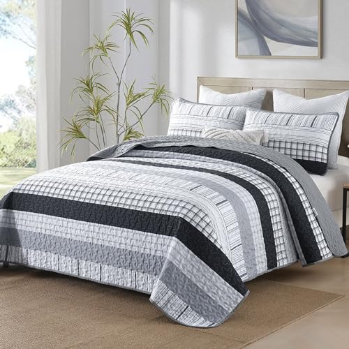 DJY Grey Striped Quilt Queen Size, Black Gray Boho Striped Bedspread Coverlet Set Soft Microfiber Patchwork Quilt Bedding Set 3 Pieces for All Season - color: Black Grey, size: Queen