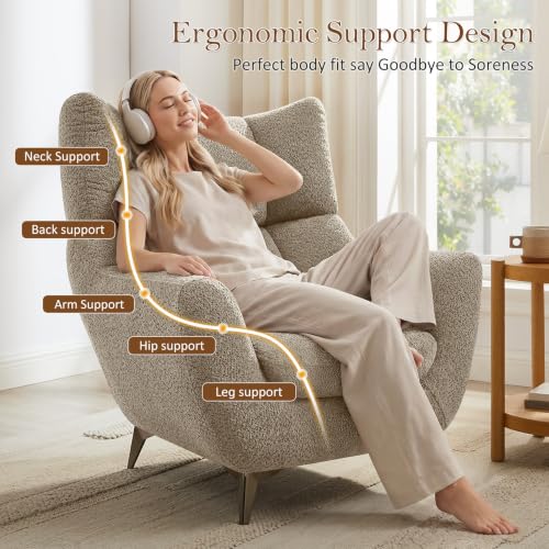 34.6" Oversized Accent Chair with WingBack, Teddy Boucle Camel | High Back, Wide Armrests, Metal Legs, Cozy Deep Seat Armchair , Reading Chair for Living Room, Bedroom, Apartment, Office - color: Camel, size: Set of 1