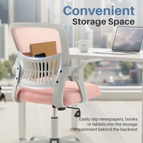 Sweetcrispy Computer Desk Chair, Home Office Chair, Lumbar Support | Flip Up Armrest, Adjustable Height, 360° Swivel Wheels, Ergonomic Mesh Mid-Back, Comfy Arms Bedroom Study - color: Pink, size: 23.22 Inch