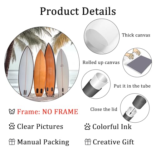 Surfboard Ocean Art Neutral Coastal Pictures Ocean Beach Scene Picture Palm Tree Artwork Coastal Boho Prints Summer Landscape Canvas Surf Beach Prints Seaside Paintings for Home Room 16x24in Frameless - color: B1Unframed