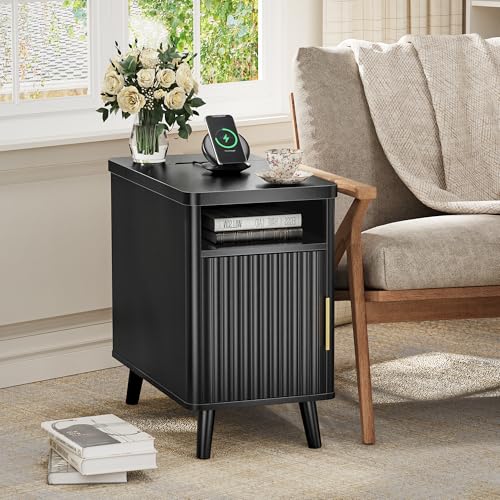 Huuger Narrow End Table with Charging Station, USB-C Port | Fluted Nightstand with Storage Cabinet, Back Rack, Farmhouse Side Table for Small Spaces, 13.4 × 23.6 Inch Night Stand, Black - color: Black