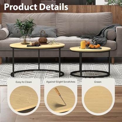 Otterease Nesting Tables Set of 2, 31.5" Round Coffee Table, Small Nesting Coffee Table with Adjustable Non-Slip Fee, Wood Grain Top Nesting Tables for Living Room, Bedroom (Wood Grain Light Brown) - color: 31.5" Wood Grain Light Brown