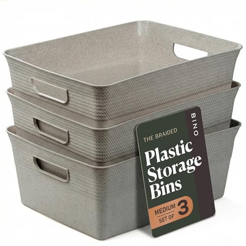 BINO | Plastic Storage Bins, 13 Liter - 3 Pack, Natural Grey | THE BRAIDED COLLECTION | Plastic Bins for Organization | Woven Storage Baskets for Organizing Pantry Shelf Organizer Basket Container Bin - color: Natural Grey, size: 13L | 3-Pack