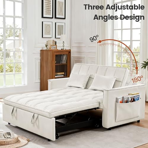 Convertible Sofa Bed, Pull Out Couch with Side Pockets, 3 in 1 Velvet Fabric Loveseat Sleeper Sofa Bed, Pull Out Couch with Adjustable Backrest for Living Room, Bedroom, Apartment, White