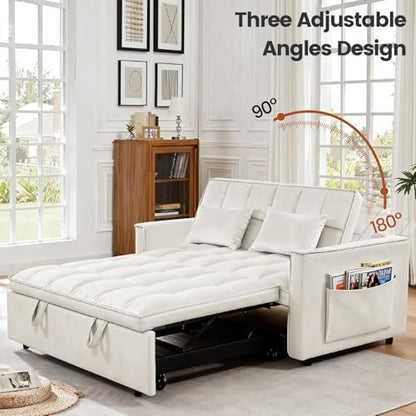 Convertible Sofa Bed, Pull Out Couch with Side Pockets, 3 in 1 Velvet Fabric Loveseat Sleeper Sofa Bed, Pull Out Couch with Adjustable Backrest for Living Room, Bedroom, Apartment, White