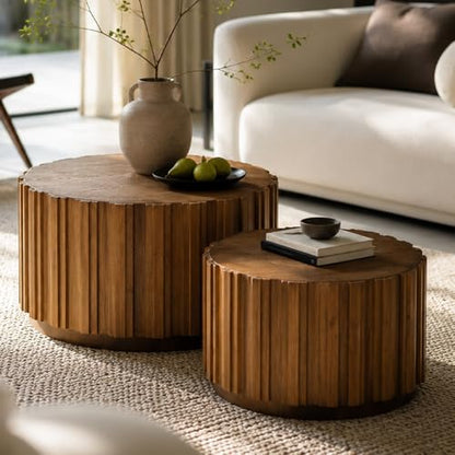 WILLIAMPSACE Round Nesting Coffee Table Set of 2, Rustic Farmhouse Wooden Drum Center Tables with Vertical Slatted Body, Tea Table for Living Room Apartment, No Assembly (19.7"+27.5", Walnut) - color: 19.7"+27.5", Walnut
