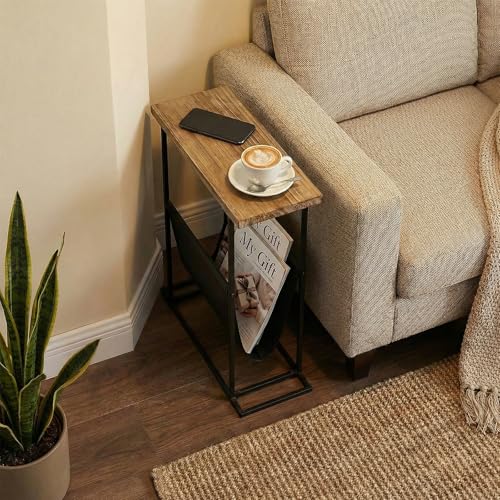MyGift 21-Inch Modern Narrow Living Room End Table with Solid Burnt Wood Tabletop and Black Metal Frame, Bedroom Nightstand Side Table with Magazine Holder Sling