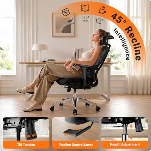 Black Ergonomic Mesh Home Office Chair, Big & Tall Gaming Chair - High-Adjustable Lumbar Support, 4D Armrests, 2D Headrest, 90°~135° Tilting with Lock, Swivel Desk Chairs 600lb Capacity