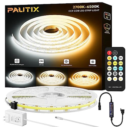 PAUTIX COB LED 스트립 조명 2700K-6500K CCT 조정 가능한 화이트 UL 등록 도트리스 LED 조명, RF 리모컨 포함, 5m(16.5피트) 매우 밝은 조도 조절 가능한 24V 테이프 조명, 캐비닛 아래 침실 주방 사무실 조명용 - size: 2700K-6500K/16.4ft