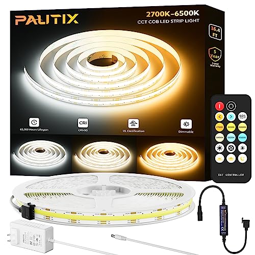 PAUTIX COB LED 스트립 조명 2700K-6500K CCT 조정 가능한 화이트 UL 등록 도트리스 LED 조명, RF 리모컨 포함, 5m(16.5피트) 매우 밝은 조도 조절 가능한 24V 테이프 조명, 캐비닛 아래 침실 주방 사무실 조명용 - size: 2700K-6500K/16.4ft