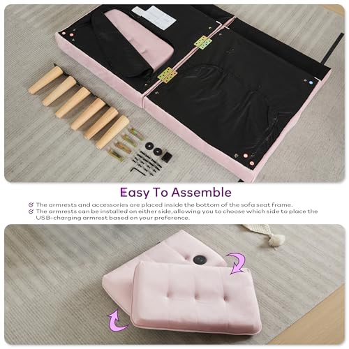 65'' Convertible Futon Sofa Bed with USB, Small Couch for Living Room | Sleeper Sofa and Loveseat, Adjustable Folding Couch with Tufted Design and 2 USB Ports, Bedroom Apartment Office, Pink - color: Pink