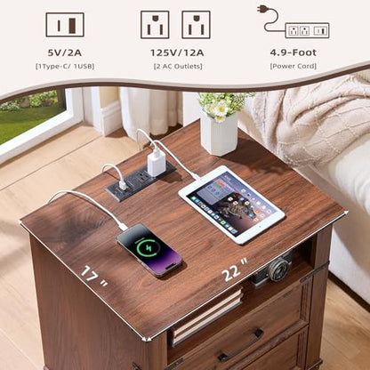 Farmhouse Night Stand with Charging Station, Brown | 2 Drawers End Tables Bedroom, Bedside Table with Metal Handles & Solid Wood Foot & Open Shelf - color: Brown