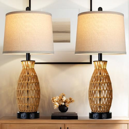 CINSARY 27" Rattan Table Lamps Set of 2 with Night Light, Boho Wicker Bedside Lamp for Bedroom with USB A+C Ports, Coastal Handwoven Woven Nightstand Lamps, Nautical Living Room Lamp for End Table - color: Rattan(2 Pack)