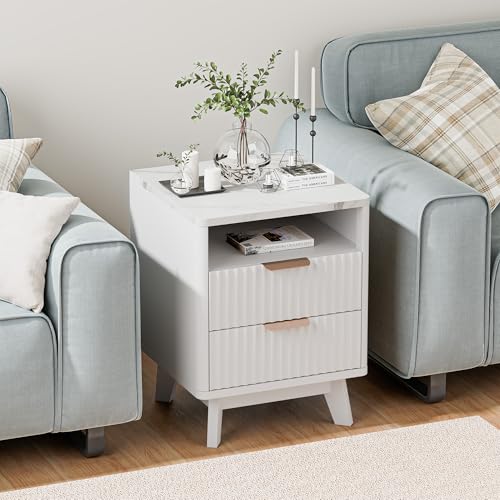 White Nightstand with 2 Drawers, 18" Modern Night Stand with Faux Marble Top, Open Storage Shelf, Fluted Bedside Table for Bedroom, End Table Side Table - color: White Marble