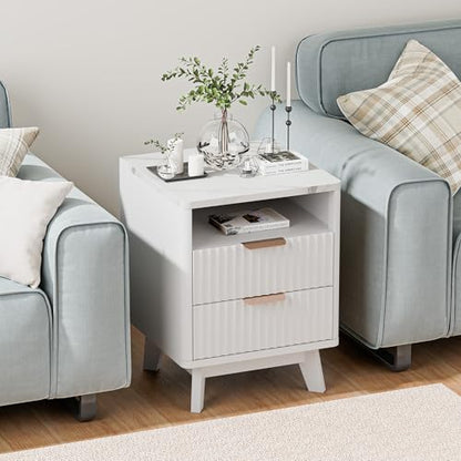 White Nightstand with 2 Drawers, 18" Modern Night Stand with Faux Marble Top, Open Storage Shelf, Fluted Bedside Table for Bedroom, End Table Side Table - color: White Marble