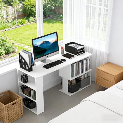 Writing Table Workstation L-Shaped Corner Desk, White | Particle board, laminated surface, 360° rotating design, large desk, 2-tier shelf