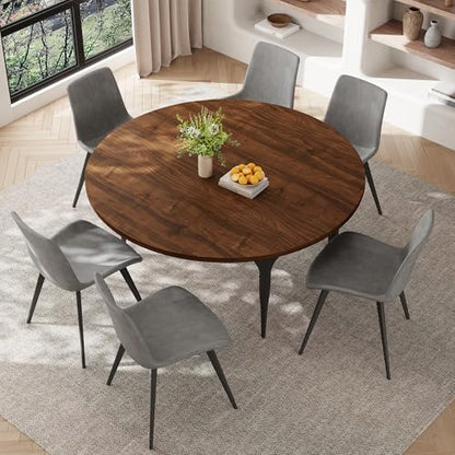 HIPIHOM 55‑Inch Extendable Dining Table Set with 4 Upholstered Chairs and Metal Frame for Dining Room - color: Walnut/Grey-c