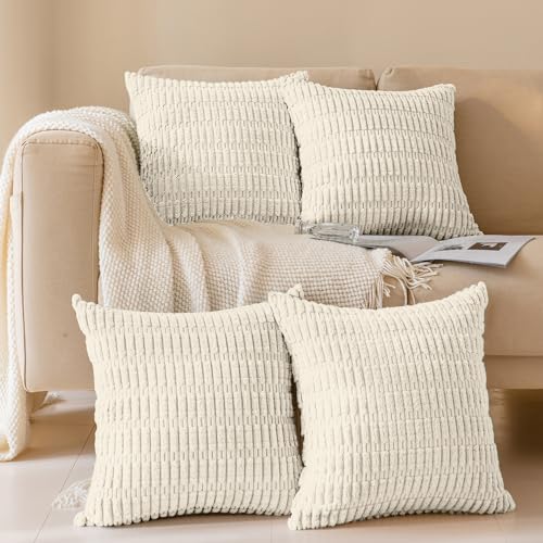Pack of 4 Corduroy Decorative Throw Pillow Covers 18x18 Inch, Cream | Soft Striped Farmhouse Boho Modern Home Decor Throw Pillow Covers for Couch Sofa Bedroom Living Room - color: Cream, size: 18" x 18" (Pack of 4)