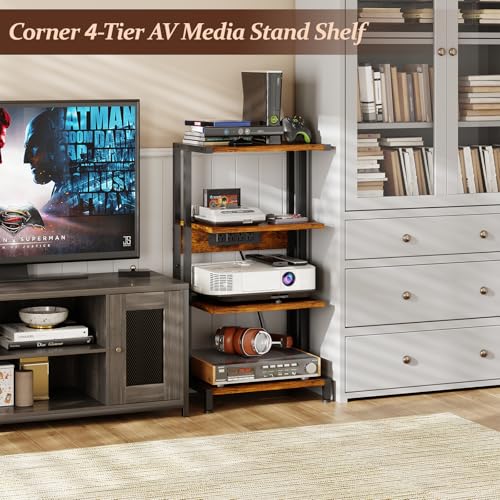 X-cosrack 16.5" Game Console Shelf, Small 4-Tier Video Gaming Consoles Stand with Outlet, Narrow Stereo Cabinet AV Media Stand, Corner Audio Rack for PS5,Xbox,Game Console,TV Box,WiFi Router - style: Outlet