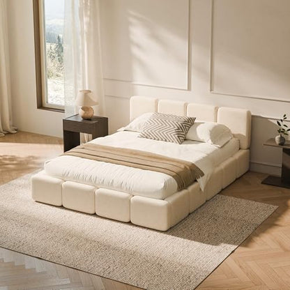 RECCI Queen Upholstered Platform Bed Frame with Plush Cloud Design | Cloud-Inspired Design, Upholstered Headboard & Footboard, Grounded Low Profile Design, Easy Assembly, No Box Spring Required - size: Queen
