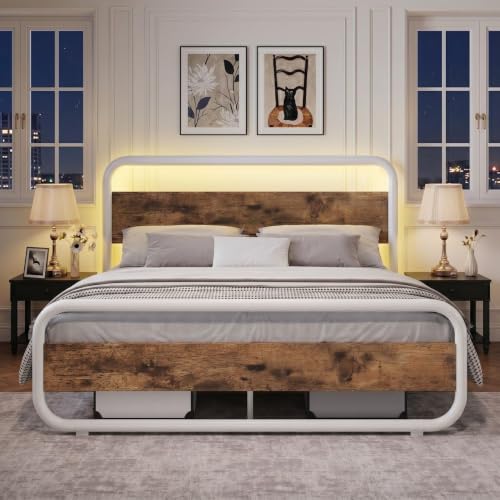 Queen Bed Frame, Metal Platform Queen Bed Frame with Wood Headboard, White | RBG LED Lights/Heavy Duty Metal Slats Support/12 in Under-Bed Storage/Noise-Free/No Box Spring Needed/Easy Assembly - color: White, size: Queen (U.S. Standard)
