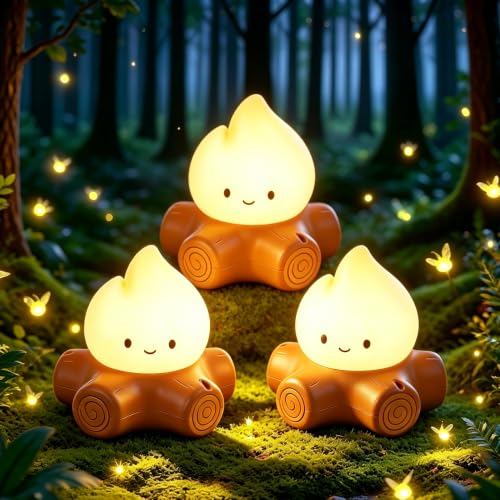 WANIDEA Campfire Night Light for Camping, Rechargeable Night Light (3Pack) | Dimmable, Portable, Bedroom Decor, Table Light, Camping Decor, Soft Night Light for Kids, Cute Campfire Lamp - color: 3 Pack Basic Model