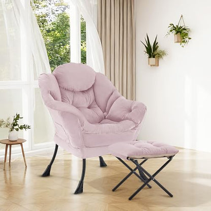 Lazy Chair with Ottoman, Modern Accent Lounge Chair with Side Pocket and Armrests, Cozy Reading Armchair with Footrest, Upholstered Sofa Chair for Small Spaces, Bedroom Living Room, Pink - color: Pink
