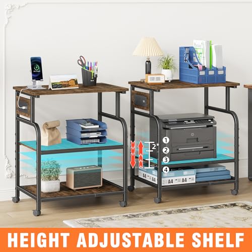 YAOHUOO 3 Tier Large Printer Stand with Power Outlet/Adjustable Shelf | 22"x15" Large Top,Fit 2-3 printers,Rolling Cart with Wheels,Table for Home Office,Fit 3D Printer/Heat Press/Laser,Brown - color: Rustic Brown, size: 22"×15"