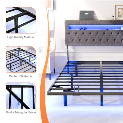 VINGLI Full Size Floating Bed Frame with LED Lights, Adjustable Velvet Upholstered Bed with Charging Station, Modern Metal Full Bed, Easy Assembly, No Box Spring Needed, Grey - color: Grey, size: Full
