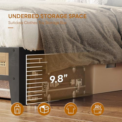 LIKIMIO Queen Rattan Bed Frame with Headboard, Boho Metal Platform Bed | Rattan headboard, 900 lb support, metal slats, EVA pads, 9.8-inch underbed clearance, no box spring needed. - size: Queen