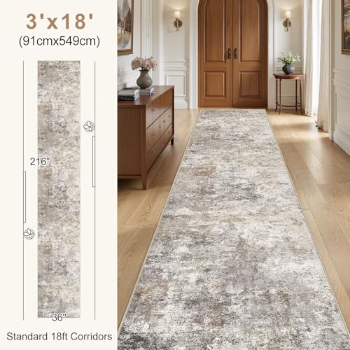 UERMEI 3x18 Washable Runner Rug for Hallway, Non Slip Low Pile Kitchen Carpet, Neutral Modern Abstract Indoor Floor Mat for Entryway Laundry, Kid & Pet Safe High Traffic Area, Brown Grey - color: Brown Grey, size: 3' x 18' (Runner)