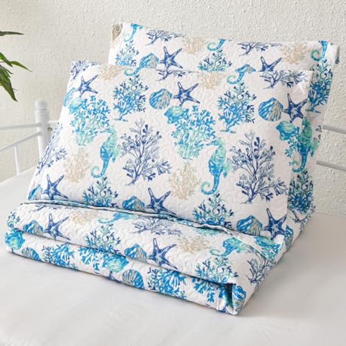 Jarson 3 Piece Beach Daybed Cover Set Twin Size Coastal Quilted Daybed Bedding Sets Double Side Cozy Ocean Sofa Daybed Cover with 2 Shams - color: Starfish Seahorse