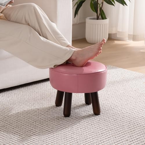 Small Foot Stool Round Pouf Ottoman, Leather Foot Rest with Rubber Legs | 13'' Leather Footrest with Non-Skid, Foolstool Ottomans for Couch, Sofa Step Stool for Living Room Bedroom Entryway, Pink - color: Pink