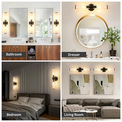 Morauroral Black Battery Operated Wall Sconces Set of 2, Rechargeable Wall Lights with Remote, 20 Inch Modern Wireless Wall Lamp for Bedroom, Living Room with Clear Glass Shade (Bulbs Included) - color: Matte Black