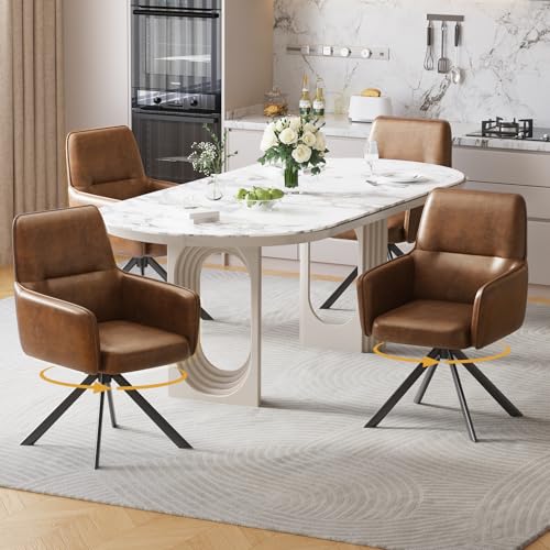 Modern Swivel Dining Chairs Set of 4, Upholstered Dining Room Chairs with Thicken Cushion, 360°Swivel Dining Chairs with Metal Legs for Dining Room, Kitchen, Bedroom, PU, Brown - color: Brown, size: Set of 4