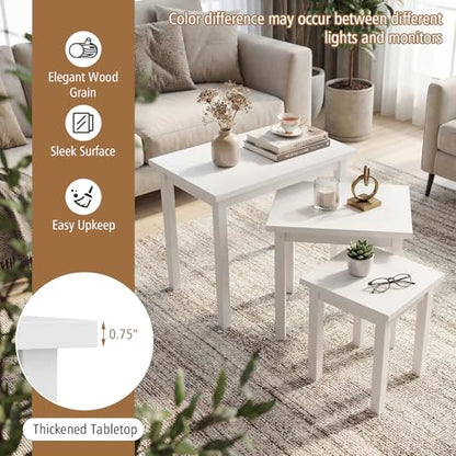 Giantex Nesting Tables Set of 3, Farmhouse Stacking Side Table with Rubber Legs, Wooden Rectangle Accent End Table, Nesting Coffee Tables for Living Room Bedroom (White) - color: White