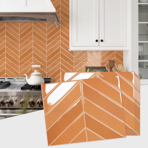 STICKGOO Herringbone Peel and Stick Backsplash, Orange, 10 Sheets | 12.6 x 9.7 in, Thicker Rectangular Vinyl Stick-On Wall Tiles, Easy Alignment, Waterproof, Easy to Clean, Kitchen/Bathroom - color: Orange, size: Pack of 10
