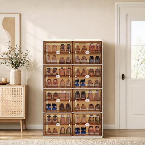White Shoe Rack Organizer for 32 Pairs of Folding Design | Tool-free Assembly, Magnetic Clear Door, Anti-Tiping, Sneaker Storage, adjustable shelf, Folding Design, Garage, Entryway - size: 8Tier