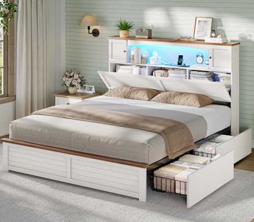 MSmask Farmhouse Queen Bed Frame with Bookcase and Storage Cabinets Headboard, Wood Platform Bed with LED Lights, Charging Station, 4 Drawers, Decoration Footboard, No Box Spring Needed, White - color: White, size: Queen