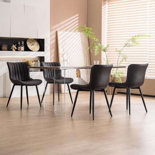 YOUNUOKE Mid-Century Modern Dining Chairs Set of 2, Dark Brown PU Leather | Faux leather upholstery with black metal legs. Fits dining room, kitchen, and guest reception. Easy to clean. Armless design - color: Dark Brown