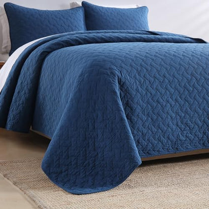 Wistown Cotton Queen Bedspread Quilt Bedding Set, Navy Blue | 3 Pieces Reversible Lightweight Soft Coverlets Comforters, All Seasons, Weave Stitching Pattern - color: Navy Blue Weave Pattern, size: Queen (90 by 98inch)