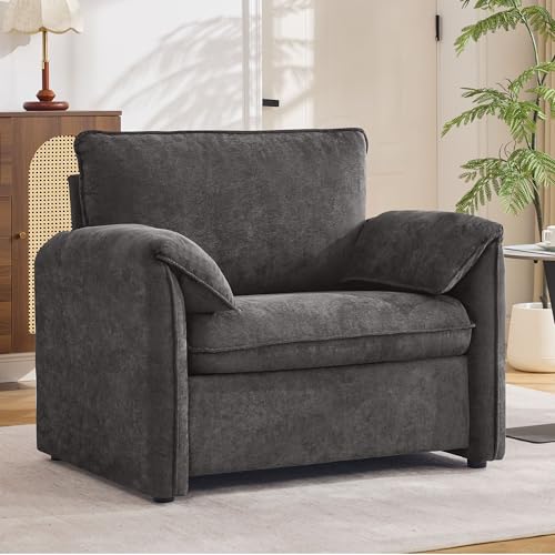 Oversized Accent Chair for Living Room, Large Modern Armchair with Deep Seat, Mid-Century Comfy Reading Chair with Padded Arms, Chenille Single Sofa Chairs for Bedroom, Dark Grey, Oversized, 1PC - color: Dark Grey, size: Oversized