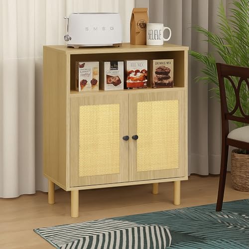 Boho Accent Cabinet with Rattan Doors, Small Sideboard Buffet, Oak | Small Sideboard Buffet Cabinet for Entryway, Living Room, Kitchen Coffee Bar - color: Oak