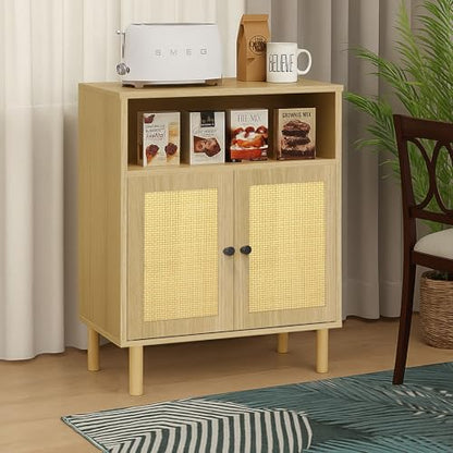 Boho Accent Cabinet with Rattan Doors, Small Sideboard Buffet, Oak | Small Sideboard Buffet Cabinet for Entryway, Living Room, Kitchen Coffee Bar - color: Oak