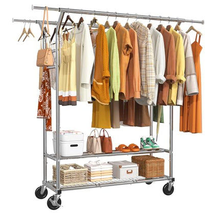 Simple Trending Heavy Duty Clothing Clothes Rack for Hanging, Rolling Double Rod Garment Rack Organizer with Wheels Load 620 LBS, Chrome - size: Double Shelves