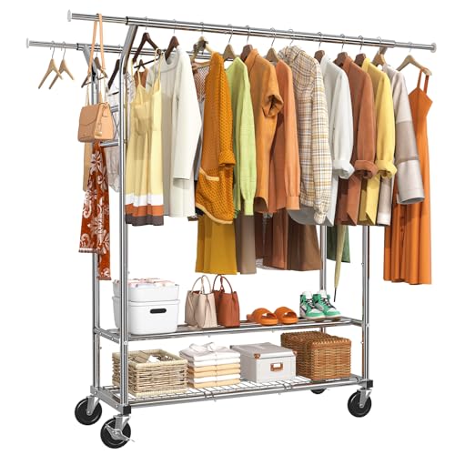 Simple Trending Heavy Duty Clothing Clothes Rack for Hanging, Rolling Double Rod Garment Rack Organizer with Wheels Load 620 LBS, Chrome - size: Double Shelves