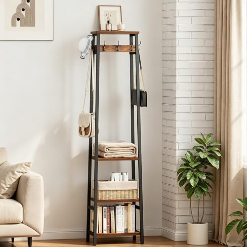 Coat Rack Freestanding with 3 Shelves and 7 Hooks | Coat Stand, Hall Tree Free Standing, Clothes Rack Stand Organizer, Industrial Style, Rustic Brown and Black - color: Rustic Brown and Black, style: 3 Shelves